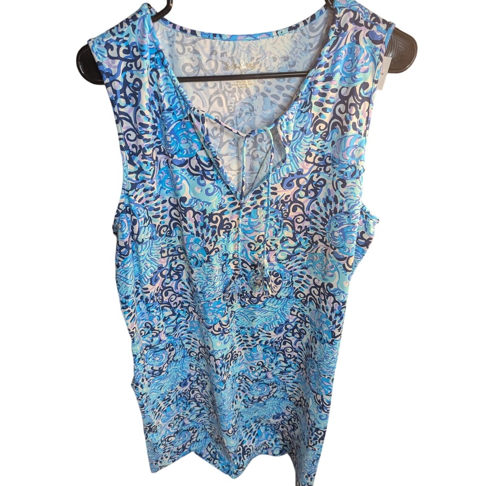 Lilly Pulitzer Tank Top XL Sleeveless Blue Print Tie Neck Casual Blouse